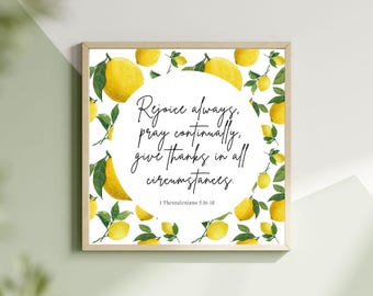 Lemon Watercolor Bible Verse Print: Rejoice Always, Mediterranean Christian Wall Art (Digital Download)