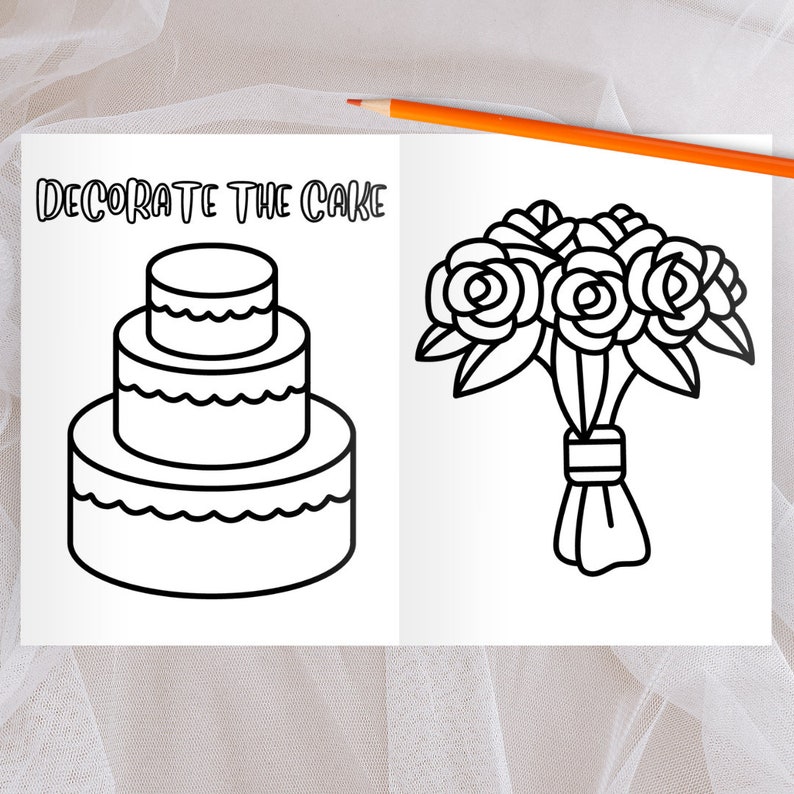 May include: A black and white line drawing of a three-tier wedding cake and a bouquet of roses. The text "DECORATE THE CAKE" is at the top of the image.