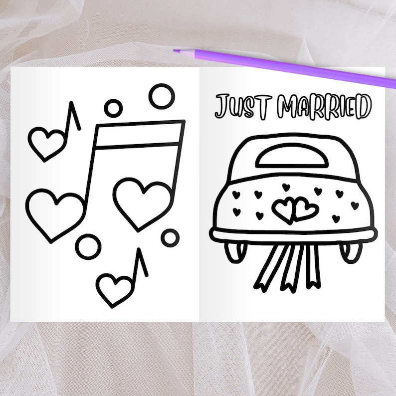 May include: A black and white coloring page with two images. The left image is a musical note with hearts and circles. The right image is a car with the text "JUST MARRIED" above it.
