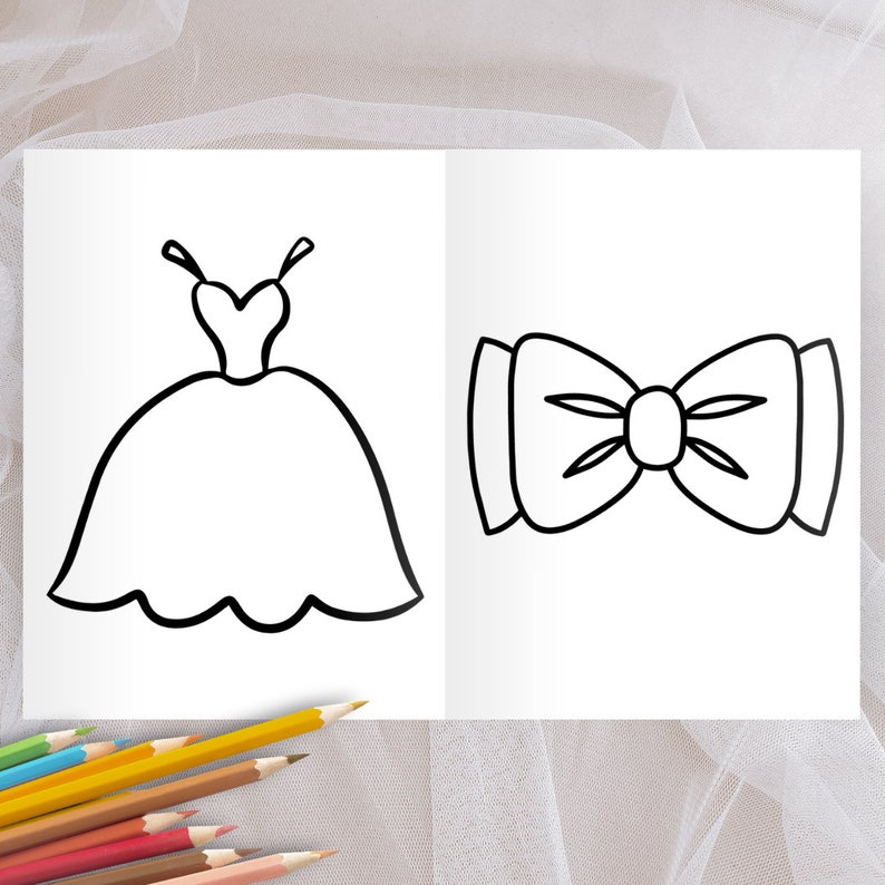 May include: A black and white line drawing of a wedding dress and a bow tie on a white background. The dress has a sweetheart neckline and a full skirt. The bow tie is tied with a single knot.