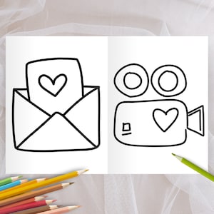 May include: A black and white line drawing of an envelope with a heart inside and a video camera with a heart inside. The image is on a white background.
