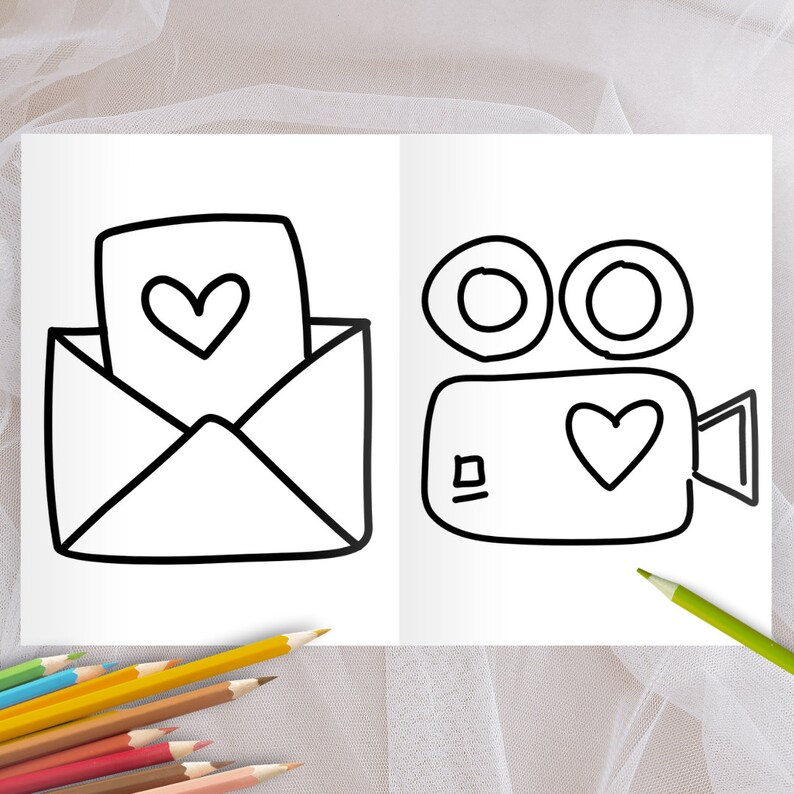 May include: A black and white line drawing of an envelope with a heart inside and a video camera with a heart inside. The image is on a white background.