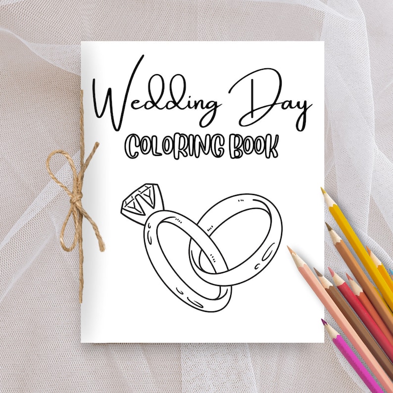 May include: A black and white coloring book with the text "Wedding Day Coloring Book" and an illustration of two intertwined rings with a diamond.
