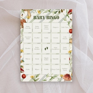 Baby-Dusche-Bingo-Spiel Printable | Wald Babyparty Bingo | Digitaler Download | Pilz & Wildblumen Thema | Geschlechtsneutral | 40 Karten