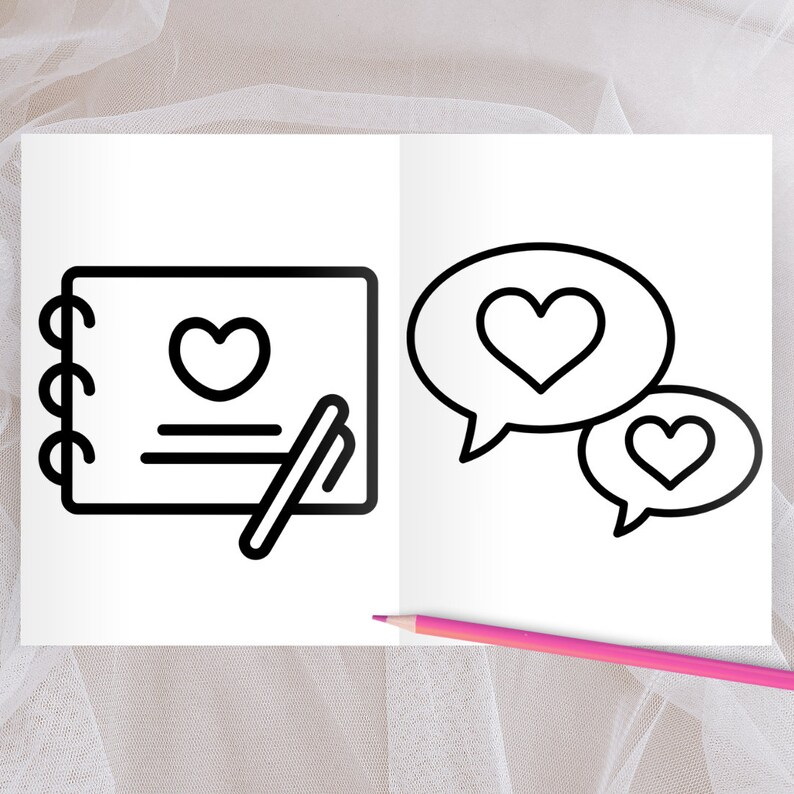 May include: A black and white illustration of a notebook with a heart and a pen, and two speech bubbles with hearts.