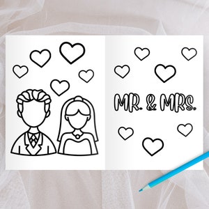 May include: A black and white coloring page with a bride and groom, hearts, and the text "MR. & MRS."