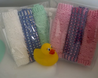 Hand Knit Cotton Baby Washcloths - Set of 3 - Cable Knit & Window-Pane