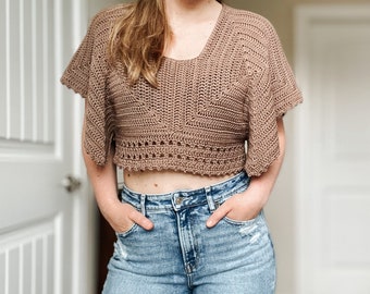 CROCHET PATTERN // Modern Flowy Crochet Tee, Crochet T-shirt, Crop Top, Summer Crochet, Lacy Crop Top, Granny Square Tee // Flow Free Tee