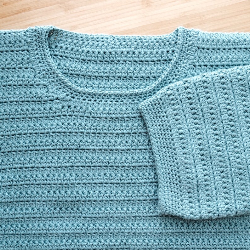 May include: A light blue crocheted top with a v-neck and short sleeves.