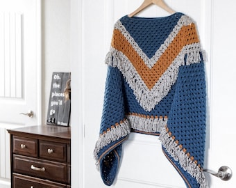 WZÓR SZYDEŁKOWY // Ponczo szydełkowe, Ponczo w kwadraty babci, Sweter ponczo, Ponczo z frędzlami w stylu retro chevron, Sweter jesienny // Ponczo Vandyke