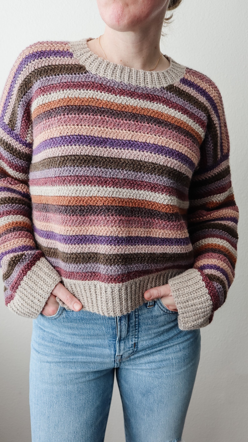 Pu&ograve; includere: Un maglione a righe con una variet&agrave; di colori, tra cui marrone, viola, rosa e beige. Il maglione &egrave; realizzato in un tessuto morbido e lavorato a maglia e ha una vestibilit&agrave; rilassata.