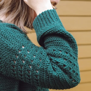 May include: A dark green crocheted sweater with a textured pattern and a cuffed sleeve.