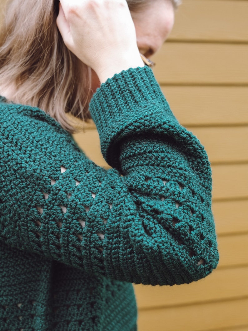 May include: A dark green crocheted sweater with a textured pattern and a cuffed sleeve.