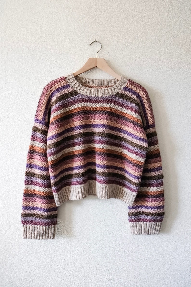 Pu&ograve; includere: Un maglione a righe lavorato a uncinetto con maniche lunghe in tonalit&agrave; di marrone, viola e beige.