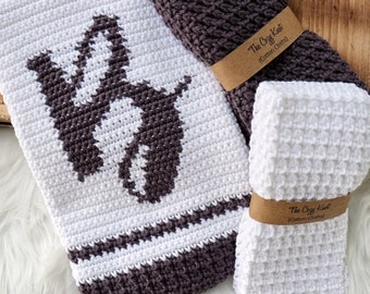 CROCHET PATTERN // Monogram Towel Set, Farmhouse Towel, Kitchen Towel + Dishcloth, Bathroom Towel + Washcloth, Tea Towel, Towel Set