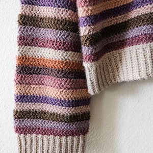 Pu&ograve; includere: Un maglione a righe lavorato a uncinetto con una variet&agrave; di colori, tra cui marrone, viola, rosa e beige.