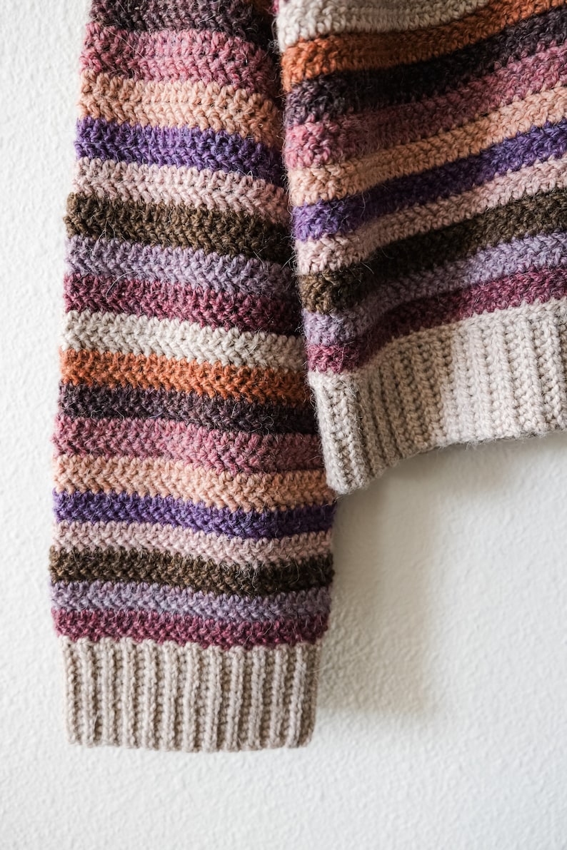 Pu&ograve; includere: Un maglione a righe lavorato a uncinetto con una variet&agrave; di colori, tra cui marrone, viola, rosa e beige.