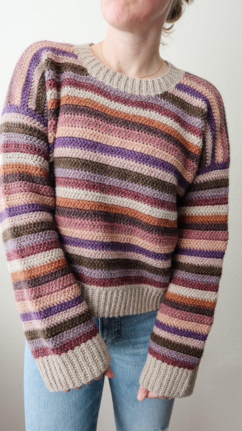 Pu&ograve; includere: Un maglione a righe lavorato a uncinetto in tonalit&agrave; di marrone, viola, rosa e beige. Il maglione ha una vestibilit&agrave; rilassata e maniche lunghe.