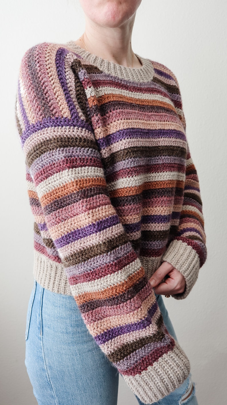 Pu&ograve; includere: Un maglione a righe lavorato a uncinetto in tonalit&agrave; di marrone, viola, rosa e beige. Il maglione ha un collo rotondo e maniche lunghe.