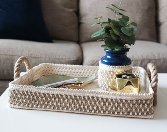 CROCHET PATTERN // Crochet Tray, Basket, Vase Cozy, Home Decor, Coffee Table Crochet, Modern Farmhouse Home Decor, Rope Basket Tutorial