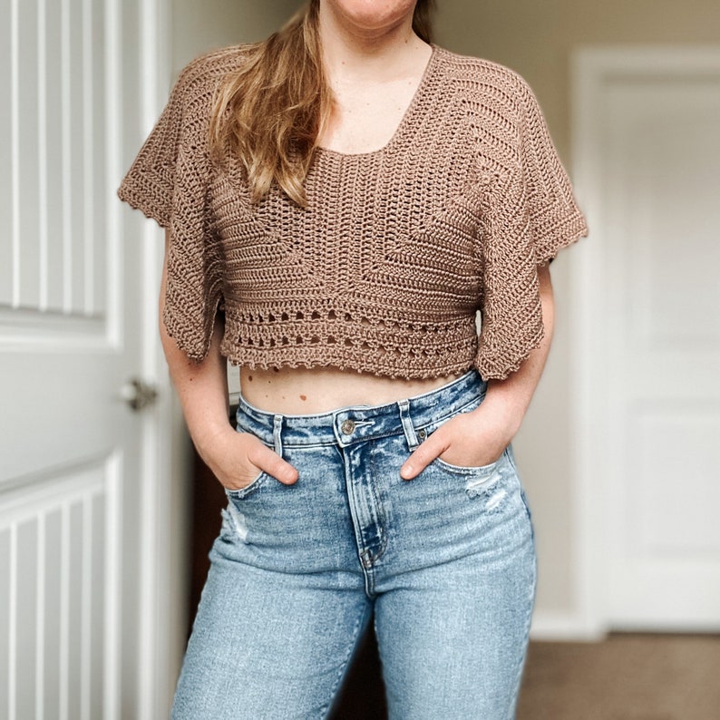 CROCHET PATTERN // Modern Flowy Crochet Tee, Crochet T-shirt, Crop Top, Summer Crochet, Lacy Crop Top, Granny Square Tee // Flow Free Tee image 1