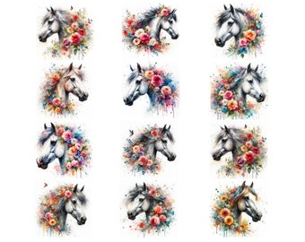 12 portraits de chevaux à l'aquarelle - PNG