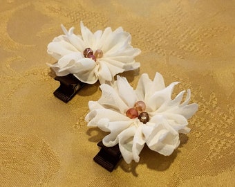 Ruffle Cream Flowers Clip Set, Off White Flower Hair Bows, Beige Bows, Girl's Cream Flowers