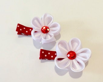 White and Red Flowers Clip Set, Kanzashi Girls Hair Bows, White Flower Hair Bows