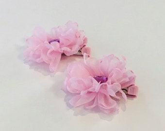 Pink Ruffles Clip Set, Chiffon Flower Hair Bows, Girl's Pink Fabric Flowers