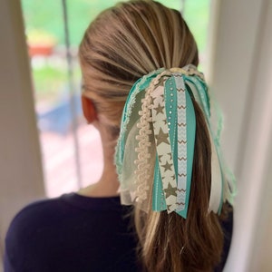 Beach Bliss Ponytail Streamer, Ribbon Hair Tie, Girl's Ribbon Ponytail, White and Blue Ponytail