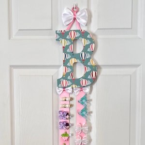 Custom Hot Air Balloon Hair Bow Organizer, Pink and Teal Bow Holder, Girl's Wall Letter, Initial Letter