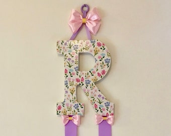 Custom Wildflowers Hair Bow Organizer, Pink and Purple Bow Holder, Girl's Wall Letter, Initial Letter