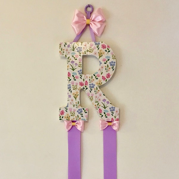 Custom Wildflowers Hair Bow Organizer, Pink and Purple Bow Holder, Girl's Wall Letter, Initial Letter