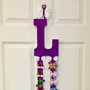 Custom Purple Glitter Hair Bow Organizer, Wall Initial Letter, Girl's Bow Holder, Wooden Letter, Barrette Holder