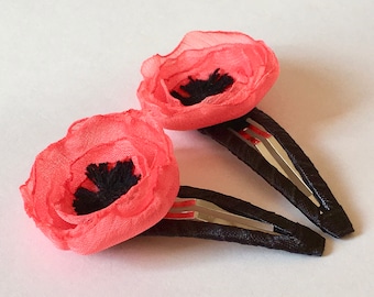 Poppy Snap Clip Set, Poppy Flower Hair Bows, Girl&#39;s Red Flower Hair Clips
