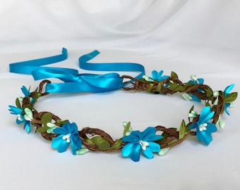 Turquoise Blue Flowers Crown, Bridal Wreath, Handmade Flowers, Fairy Crown