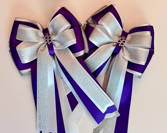 Silver, Purple & White Horse Show Bows: Equestrian Hair Accessories (Set of 2)