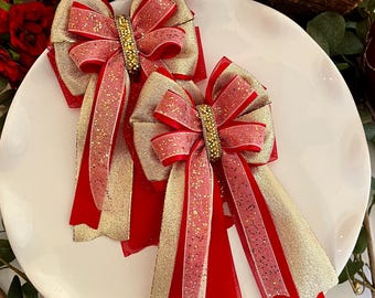 Red and Gold Rhinestone Show Bows, Equestrian Bows (Set of 2)