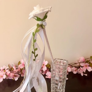 Deluxe White Rose Ribbon Wand: Flower Girl Princess Wand