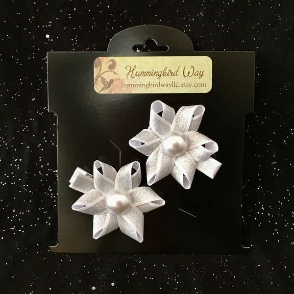 Silver Sparkle Pearl Clip Set, Girl's Silver Snowflake Hair Bows, Silver Ribbon Hair Clip, Christmas Snowflake Hair Bows