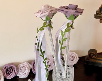 Lavender Rose Flower Girl Wand: Purple Bridal Fairy Princess Wand