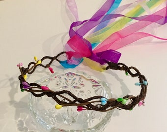 Couronne ruban pour fille, couronne de fées colorées, couronne de princesse multicolore, couronne de déguisement pour enfant, couronne rose violet jaune vert bleu