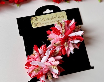 Korker Hair Clip Set: Red, Pink & Gold Curly Ribbon Bows