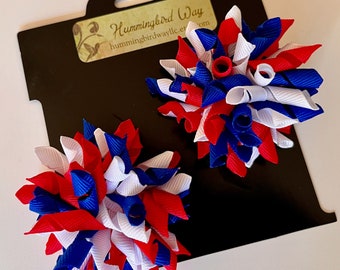 Patriotic Korker Hair Clips: Red, White & Blue Ribbon Bows (Set of 2)
