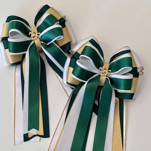 Hunter Green, White and Gold Horse Show Bows, Equestrian Show Bows, Pony Bows, Competition Bows