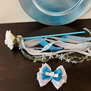 Elsa Inspired Rose Wand and Hair Bow Set: Snowflake Princess Costume