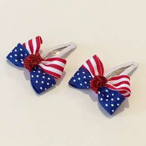 Red, White and Blue Bows Clip Set, Patriotic Hair Bows, USA Hair Clips, Stars and Stripes Bows, Kids Snap Clips, Independence Day Bows