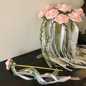 Pink Rose Ribbon Wand: Flower Girl Party Favor