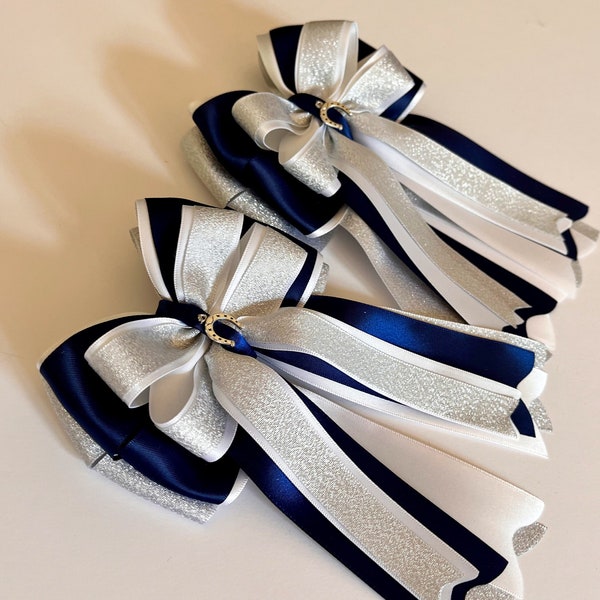 Silver Shimmer, Navy and White Horse Show Bows, Equestrian Show Bows, Pony Bows, Horseback Riding Bows