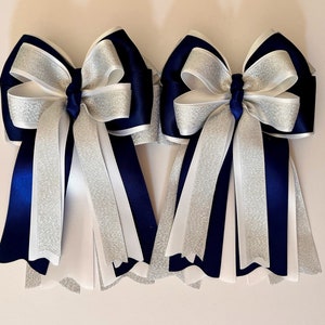 Silver Shimmer, Navy and White Horse Show Bows, Equestrian Show Bows, Pony Bows, Horseback Riding Bows image 3